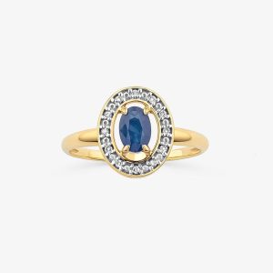 Anel com Safira Azul e Diamantes em Ouro Amarelo 18k - 17