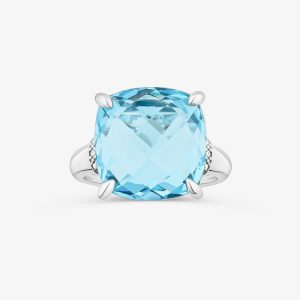 Anel com Topázio Azul e Diamantes em Ouro Branco 18k