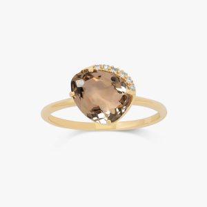 Anel em Ouro Amarelo com Diamante e Quartzo Fumê