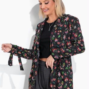Blazer Floral Preto com Amarração na Marnga