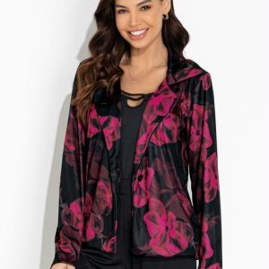 Blazer Floral Preto com Fechamento em Botão