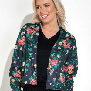 Blazer Floral Preto com Gola e Mangas Longas