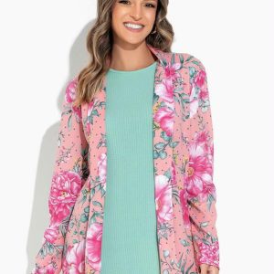 Blazer Floral Rosa com Botão