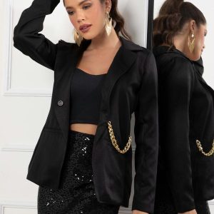 Blazer Preto com Corrente e Bolsos