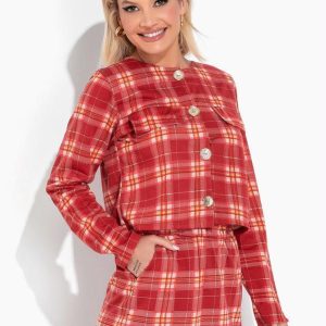 Blazer Xadrez Vermelho com Botões Funcionais