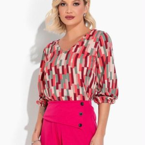 Blusa Abstrato Vermelho com Decote em V