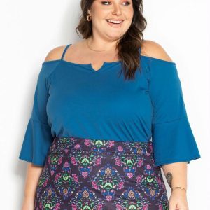 Blusa Azul com Mangas Flare e Alças Plus Size