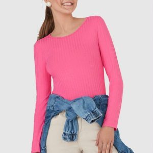 Blusa Básica Canelada Manga Longa Rosa