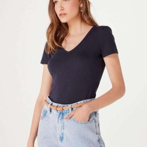 Blusa Basica Feminina Decote V com Elastano Azul