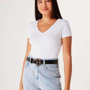 Blusa Basica Feminina Decote V com Elastano Branco