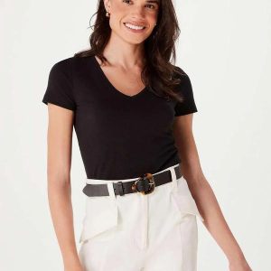 Blusa Basica Feminina Decote V com Elastano Preto