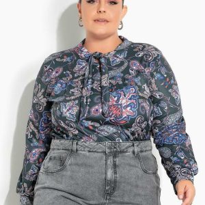 Blusa Cashmere Verde com Gola Laço Plus Size