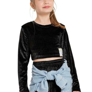 Blusa Cropped Infantil em Malha Veludo Preto