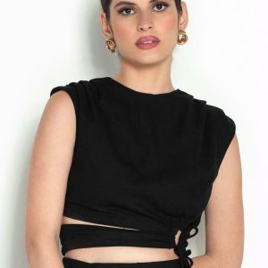 Blusa Cropped de Linho Pregas Argola Preto