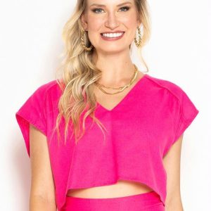 Blusa Cropped de Linho Vivo Franzido Rosa