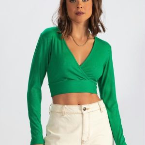 Blusa Cropped de Malha Canelada Verde