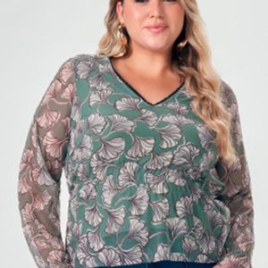 Blusa Decote V Estampada de Manga Longa Verde