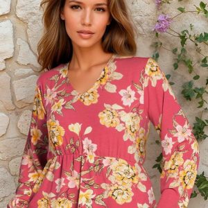 Blusa Decote V Manga Longa Floral Vermelho