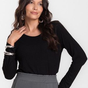 Blusa Feminina Canelada com Manga Longa Preto