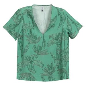 Blusa Feminina Decote V Floral Verde
