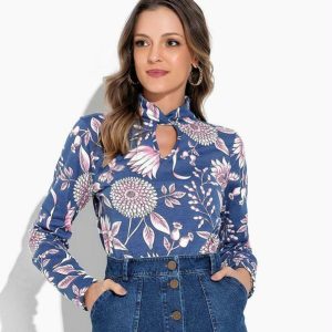 Blusa Floral Azul Gola Torcida