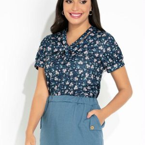 Blusa Floral Azul com Laço no Decote