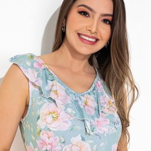 Blusa Floral Azul em Jersey Acetinado