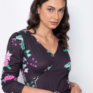 Blusa Floral Dark com Mangas Bufantes