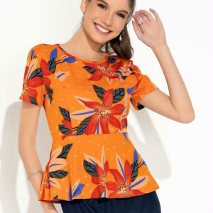Blusa Floral Laranja Peplum