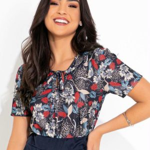 Blusa Floral Marinho com Gola