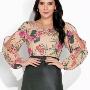 Blusa Floral Nude com Manga