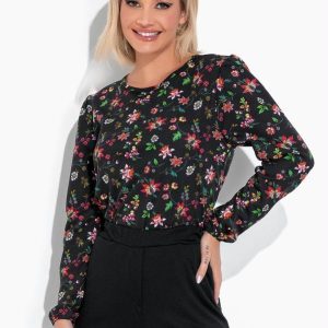Blusa Floral Preta com Mangas Longas com Punho