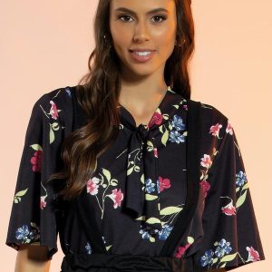 Blusa Floral Preto Gola Laço