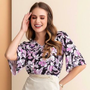Blusa Floral Roxo Manga Ampla