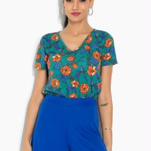 Blusa Floral Verde com Mangas Curtas