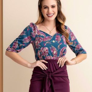 Blusa Folhas Marinho Princesa