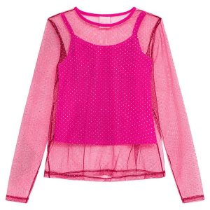 Blusa Infantil Manga Longa Tule e Regata Rosa