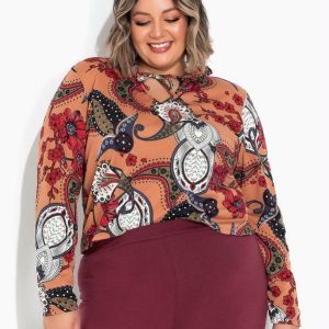 Blusa Lenço Marrom com Gola Frufru Plus Size