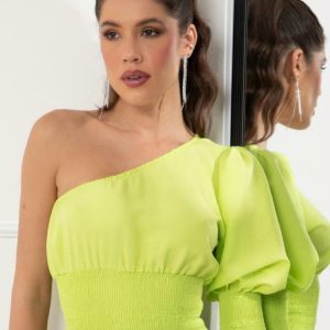 Blusa Lima um Ombro Só em Tecido Plano