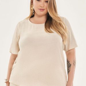 Blusa Lisa com Botões Laterais Bege