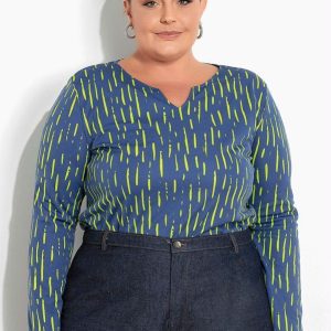 Blusa Listras Azul com Mangas Plus Size