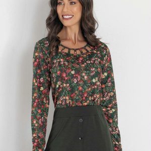 Blusa Manga Longa Floral Verde