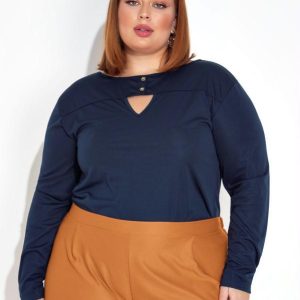 Blusa Marinho com Botões e Gota Plus Size