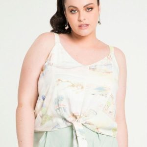 Blusa Plus Size Estampada com Amarração Branco