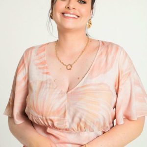 Blusa Plus Size Estampada com Manga Sino Laranja