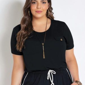 Blusa Preta Plus Size Manga Curta com Lapela