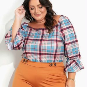 Blusa Xadrez Marrom com Babado Plus Size