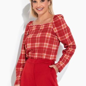 Blusa Xadrez Vermelho com Decote Quadrado