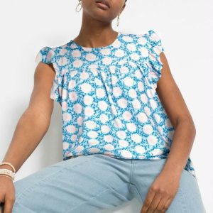 Blusa com Babado Decote Redondo Floral Azul