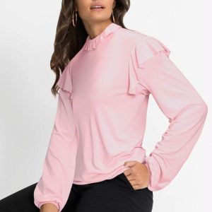 Blusa com Babados nas Mangas e no Decote Rosa